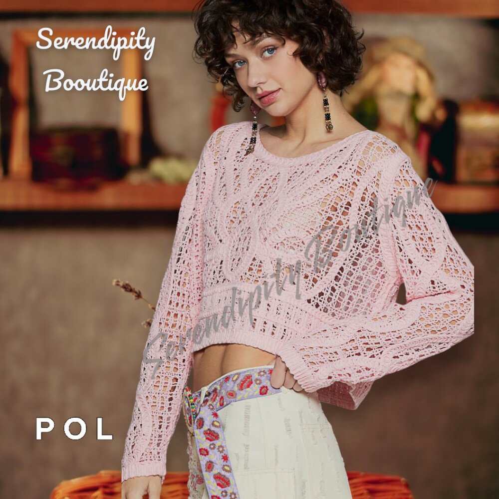 POL Petal Pink Crochet Semi Sheer Long Sleeve Crochet Soft Cotton Sweater Top - Picture 3 of 11